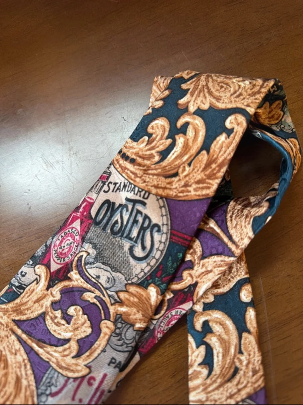 Tabasco Decorative Scroll Pattern Tie in Teal, Purple and Tan